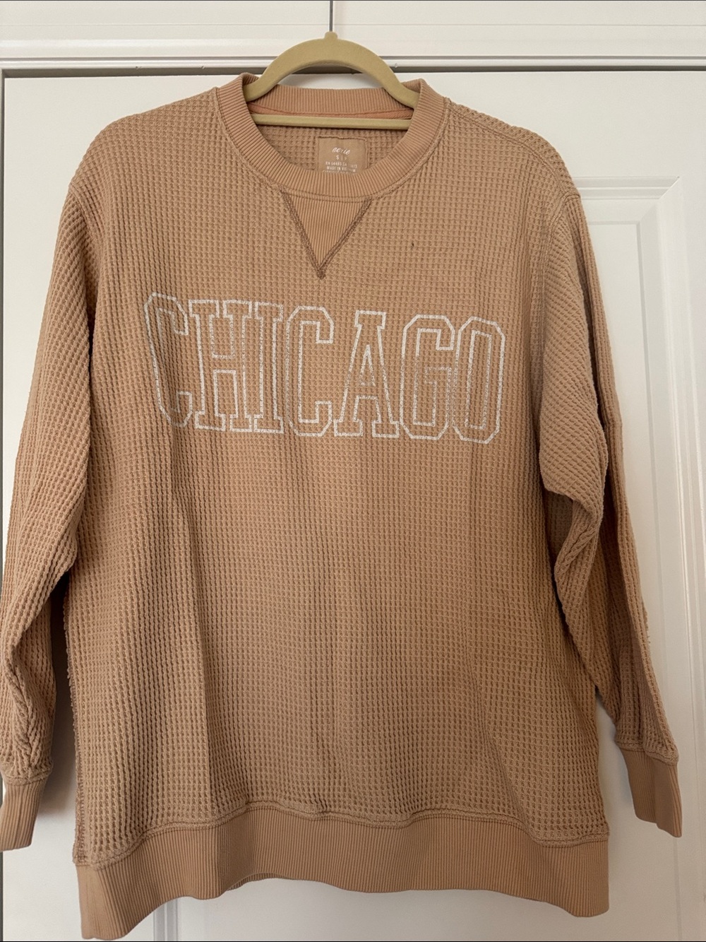 aerie Tan Waffle-Knit Chicago Crewneck Sweater with White Outline